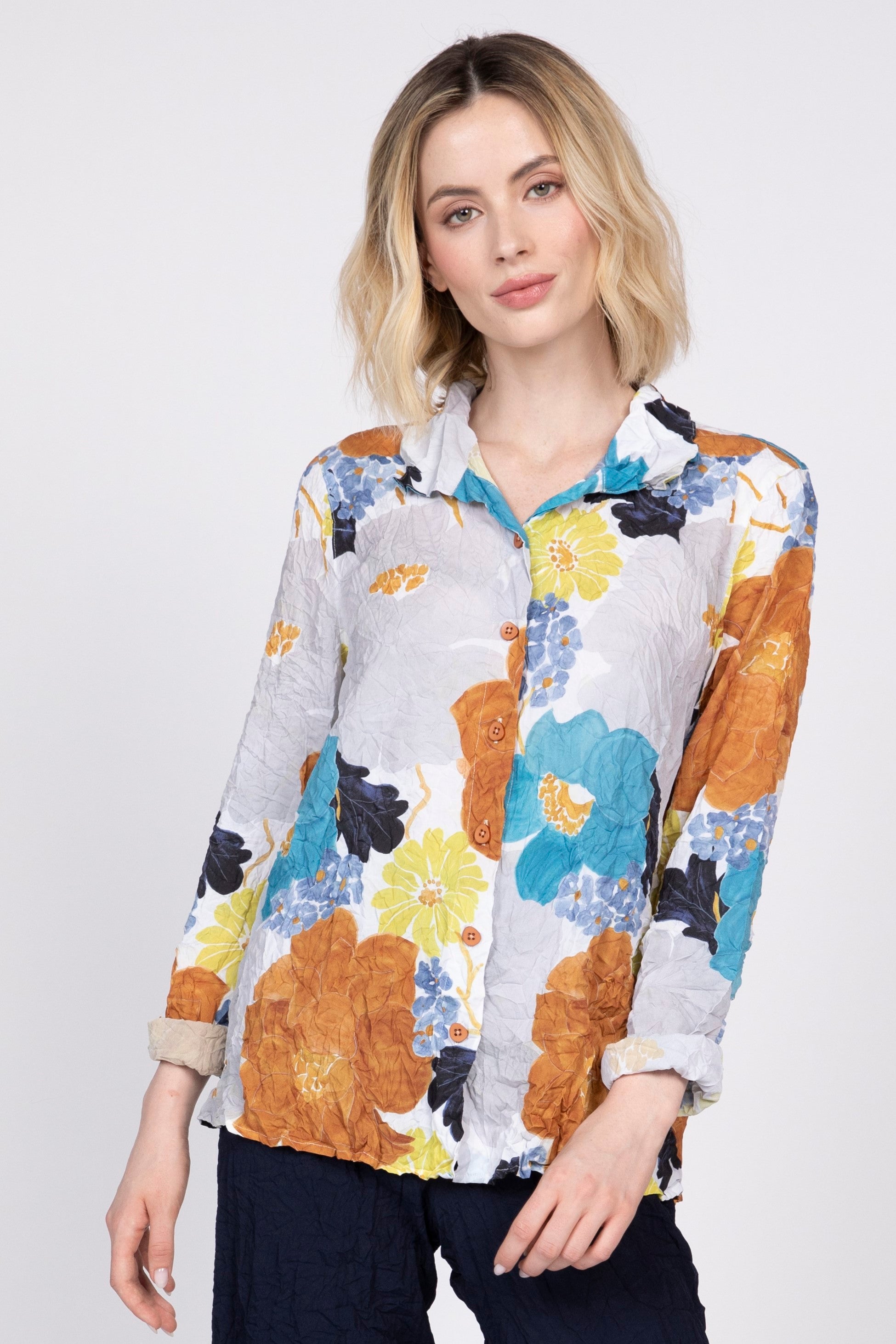 Olivia Crimped Crepe Floral Liv Top