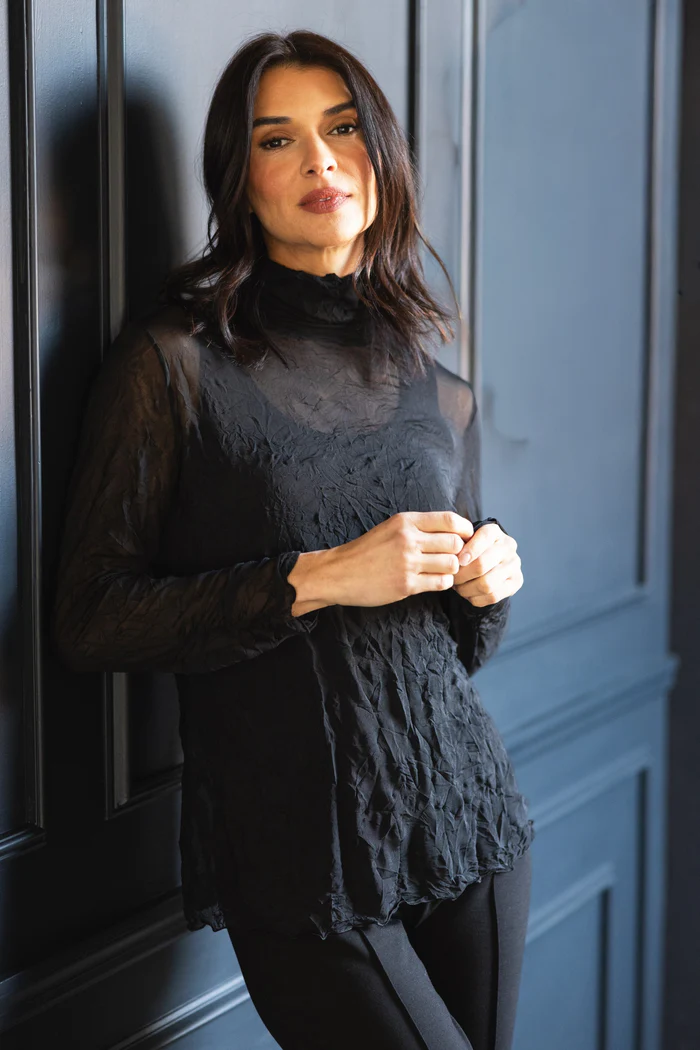 Olivia's Crinkle Mesh Ruched Turtleneck in Black