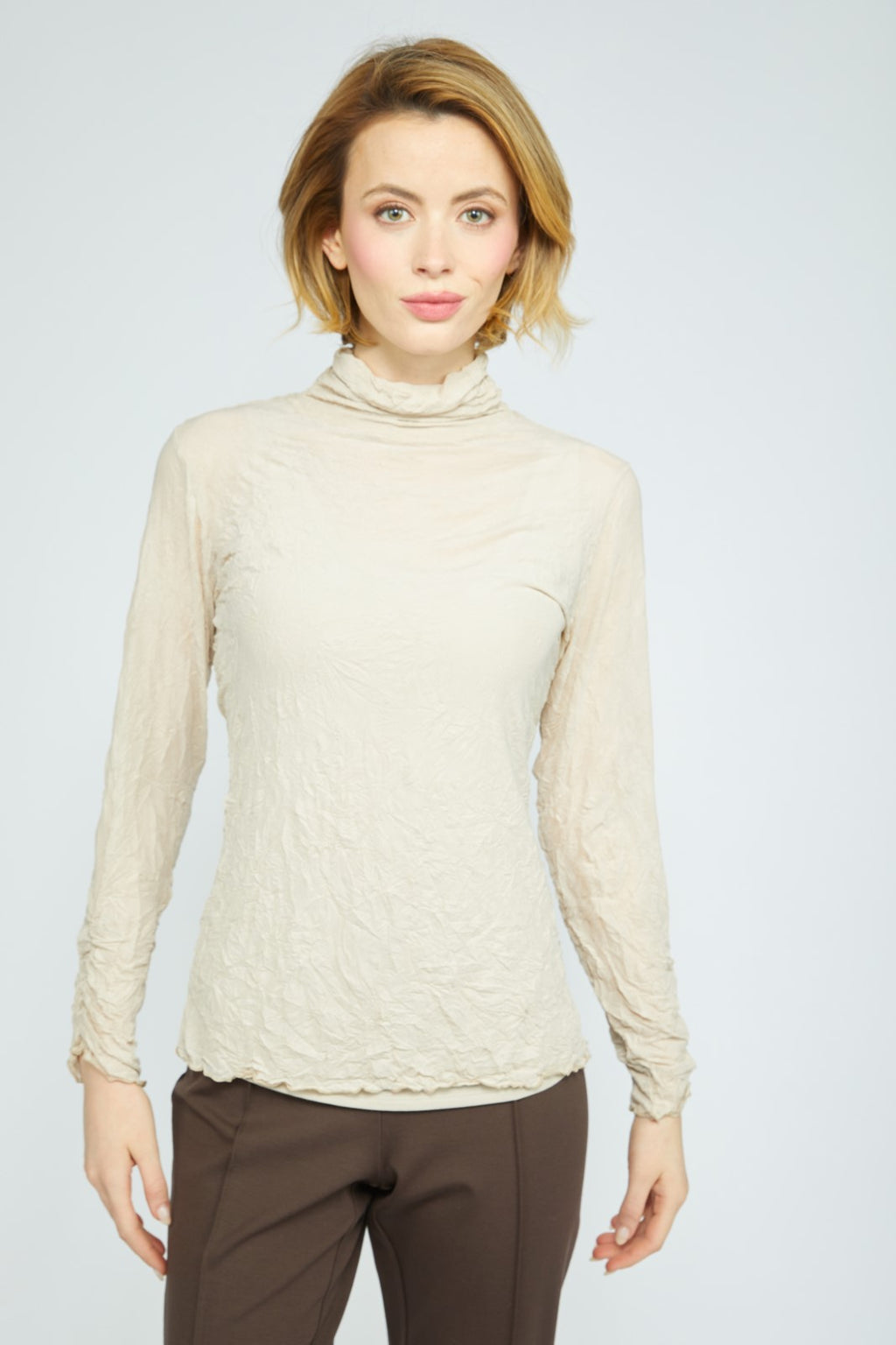 Olivia's Crinkle Mesh Ruched Turtleneck in Cloud