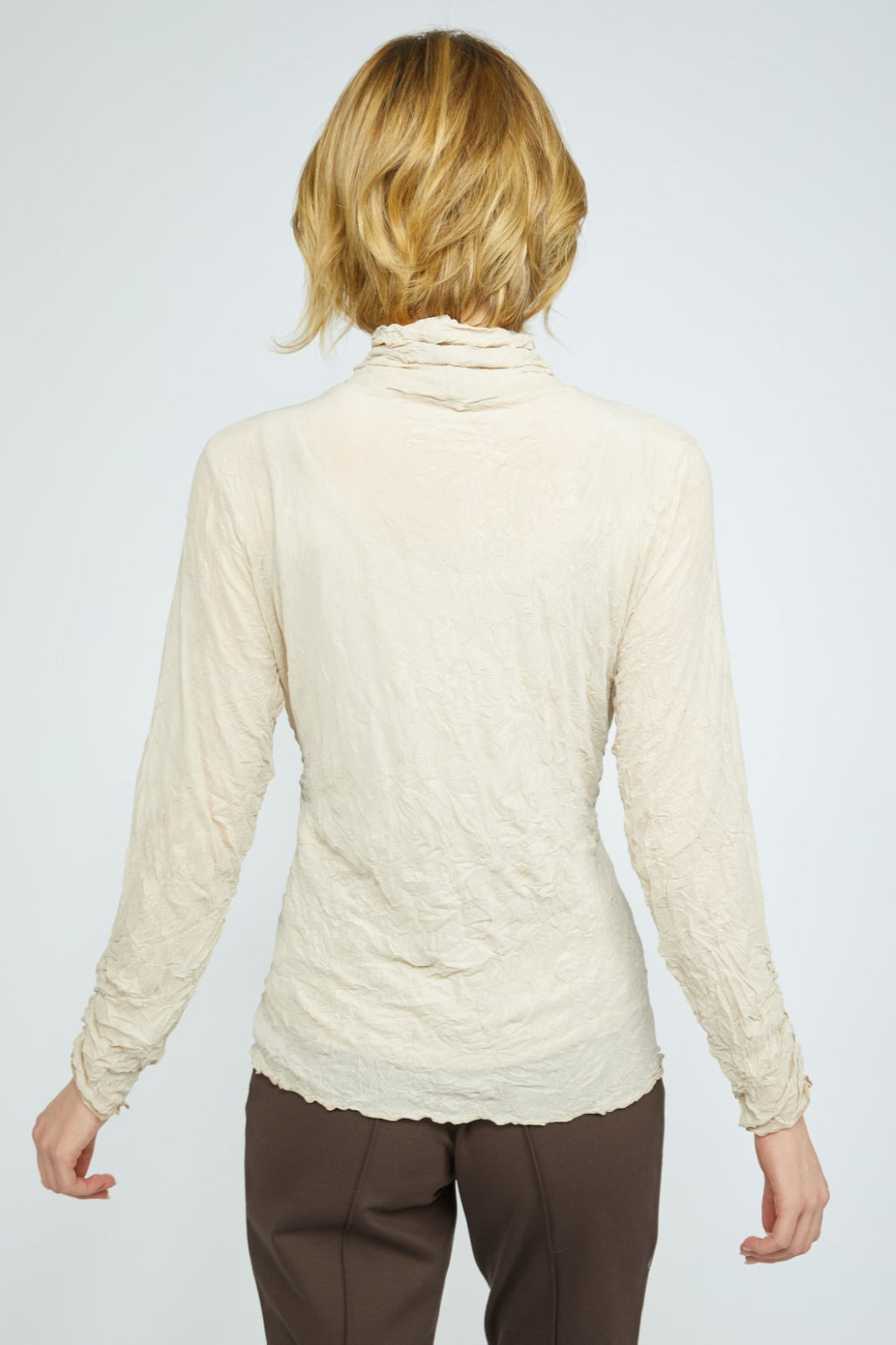 Olivia's Crinkle Mesh Ruched Turtleneck in Cloud