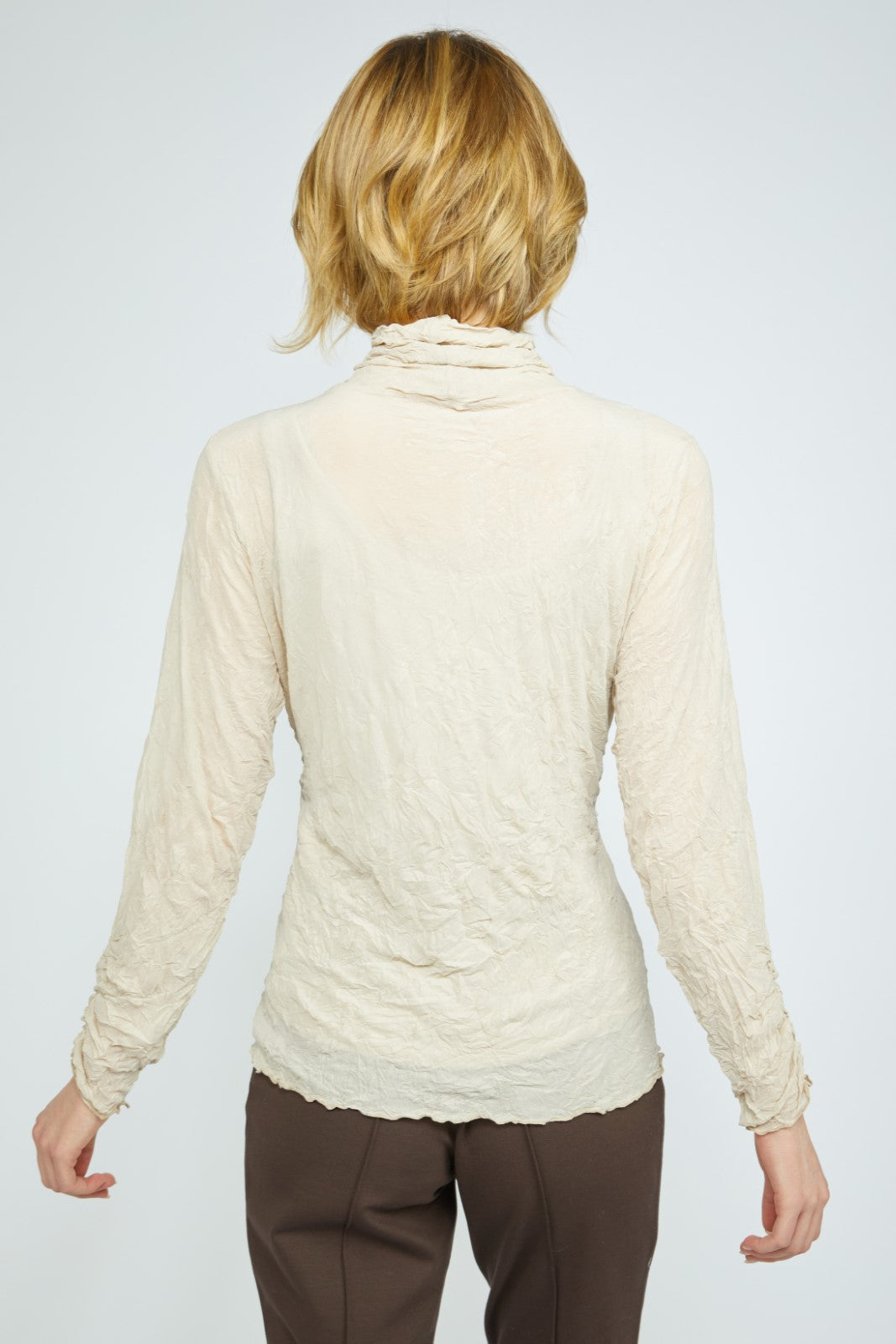 Olivia's Crinkle Mesh Ruched Turtleneck in Cloud