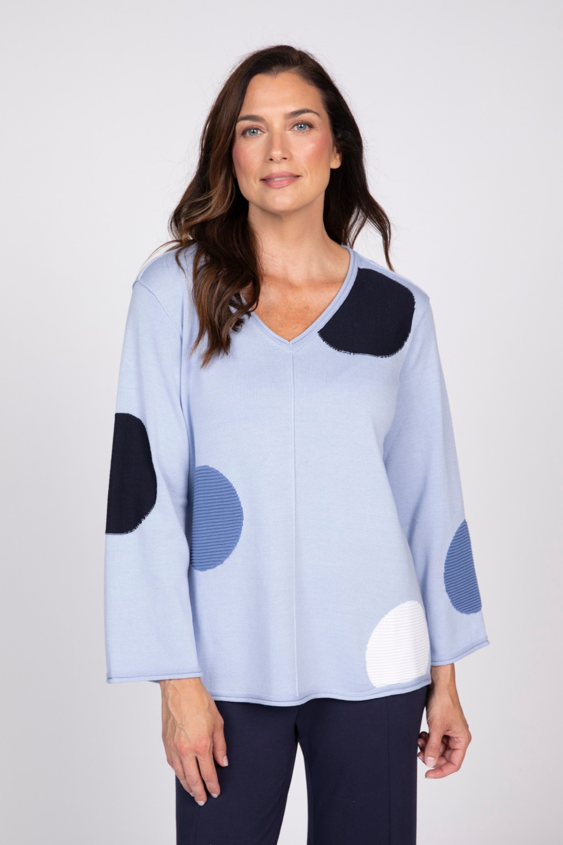 Olivia's Full Circle Dot V-Neck Sweater in Rain