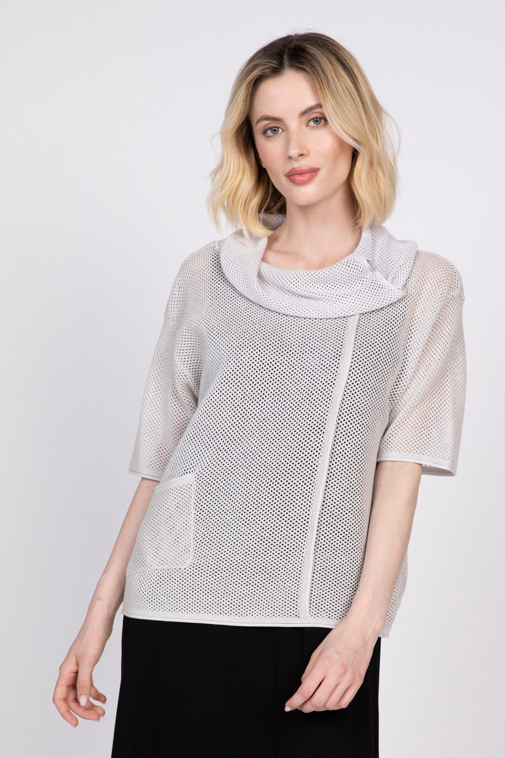 Olivia Mesh Stitch Drape Neck Topper in Sand