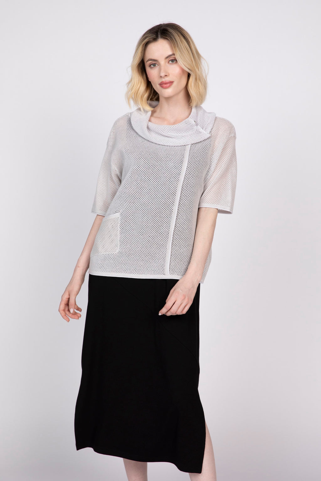 Olivia Mesh Stitch Drape Neck Topper in Sand