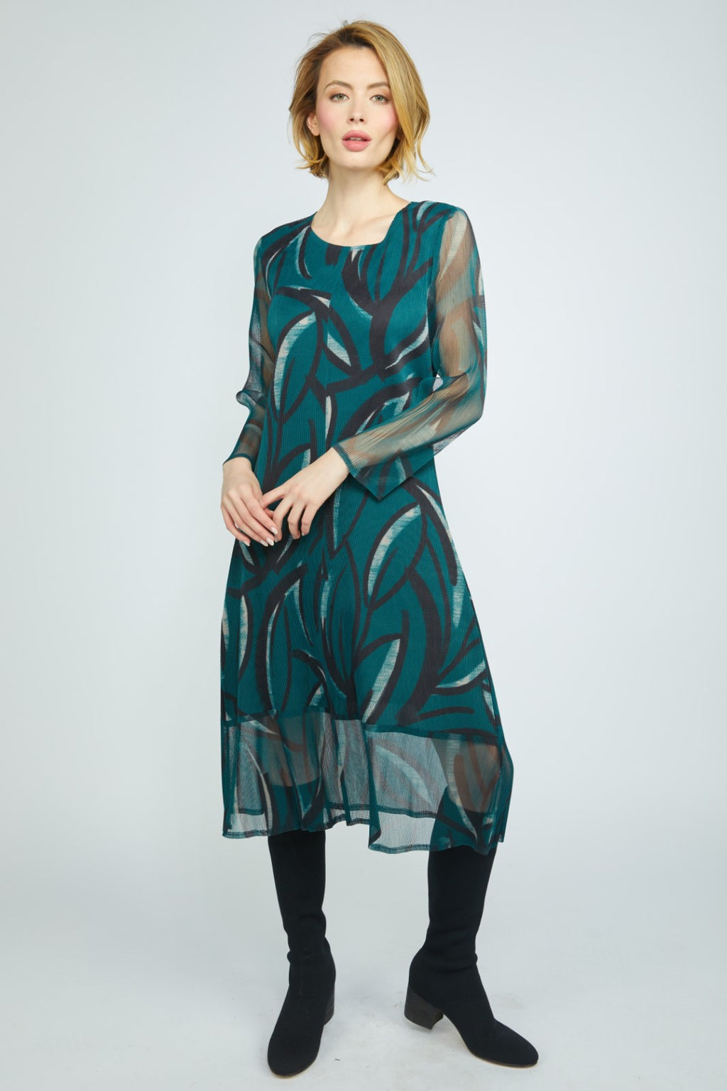 Olivia's Parisian Pleat Abstract Vine Dress in Marine