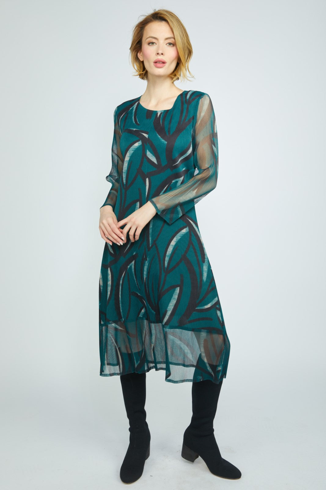 Olivia's Parisian Pleat Abstract Vine Dress in Marine