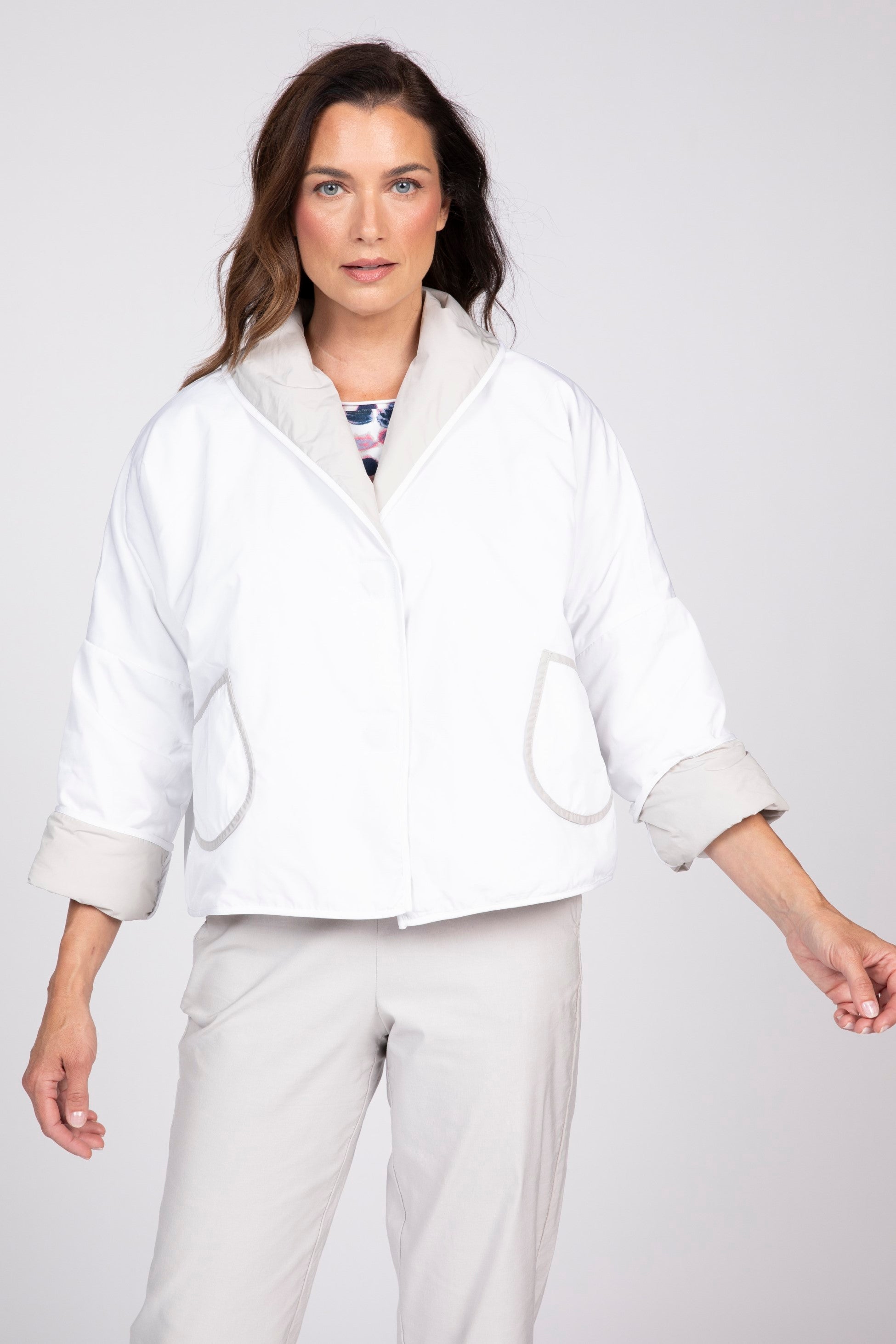 Olivia's Reversible Shawl Jacket in Sand