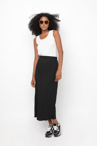 Ozai N Ku Black High Waist Crinkle Midi Skirt