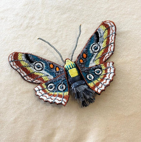 PSQUUARE Hand Embroidered Blue & White Moth Brooch