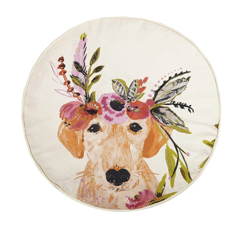Round Cotton Canvas Pillow with a yellow lab wearing a flower crown