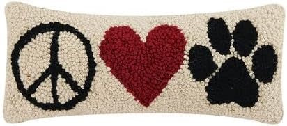 Peace, Heart, Paw Hooked Wool Pillow