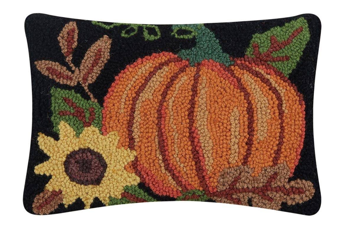 Pumpkin & Sunflower Hooked Wool Pillow