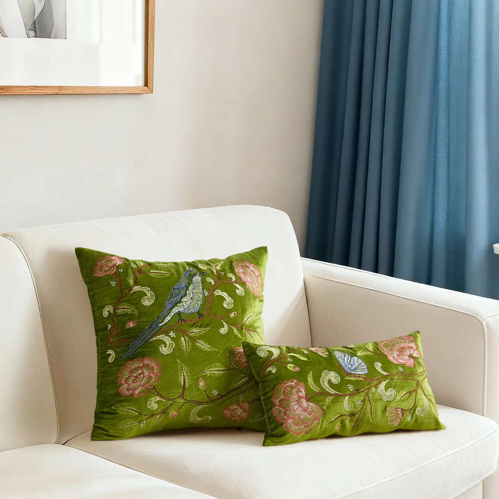 Oriental Bird Embroidered Pillow