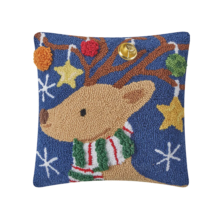 Peking Hnadicrafts 3D Reindeer Hooked Wool Pillow with Bell