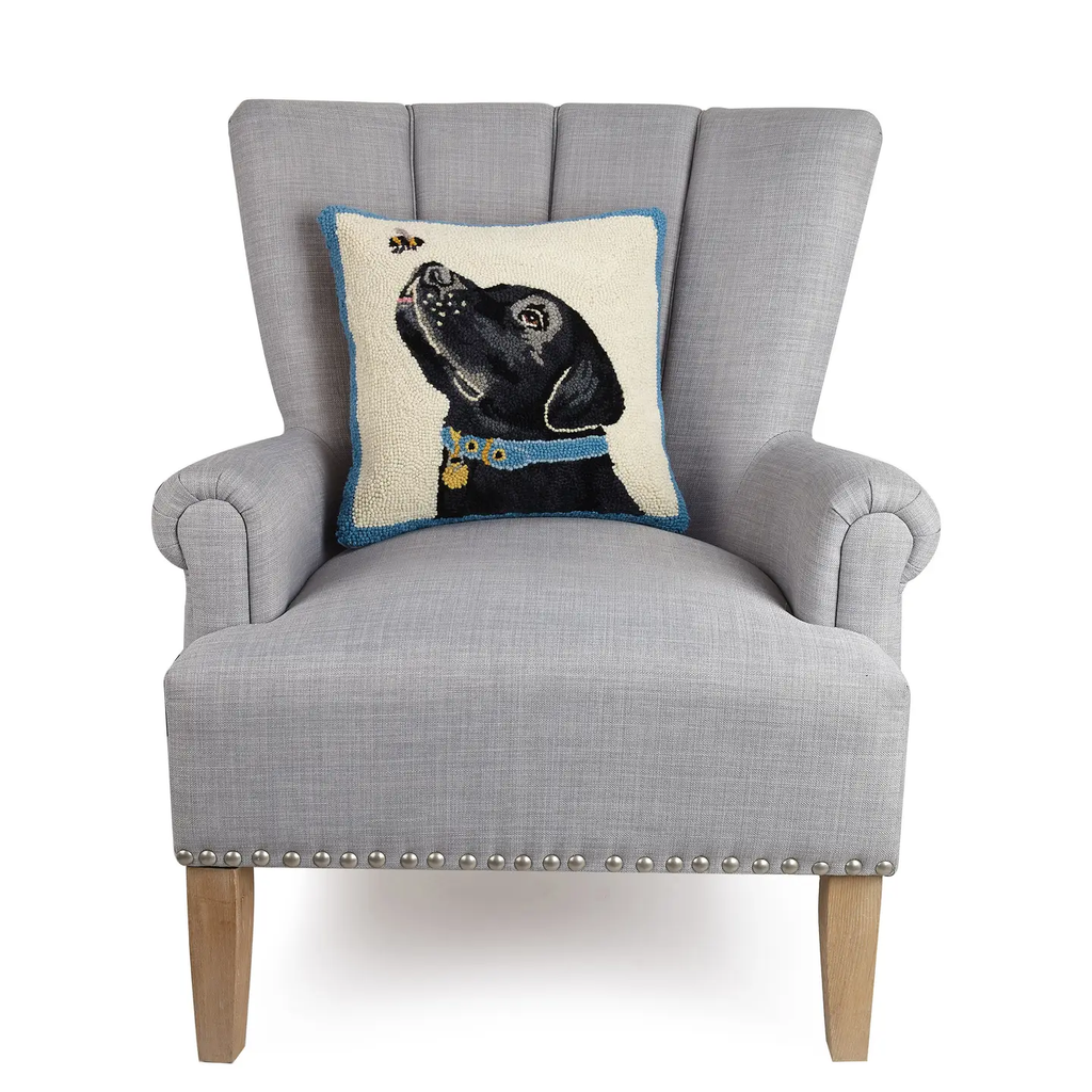 Black Lab with Bee Hooked Wool Pillow