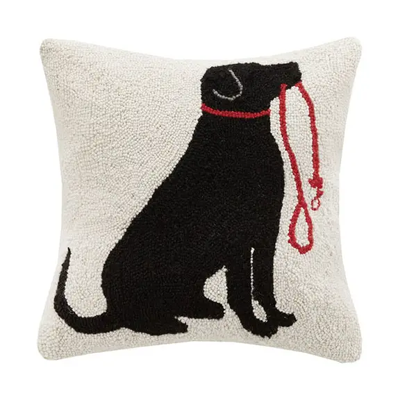 Black Lab & Leash Hooked Wool Pillow