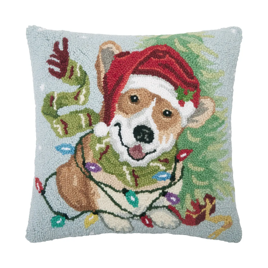 Christmas Corgi Hooked Wool Pillow