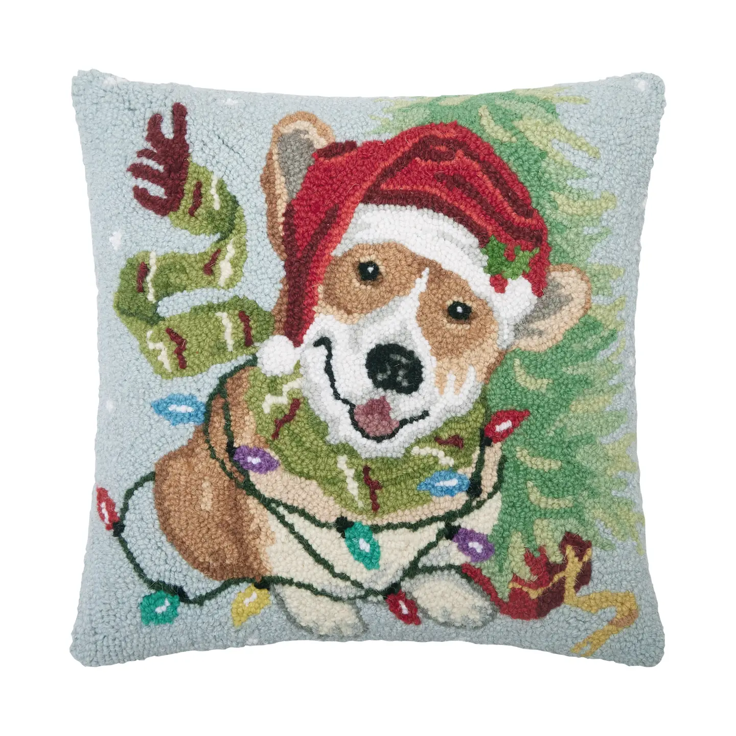 Christmas Corgi Hooked Wool Pillow