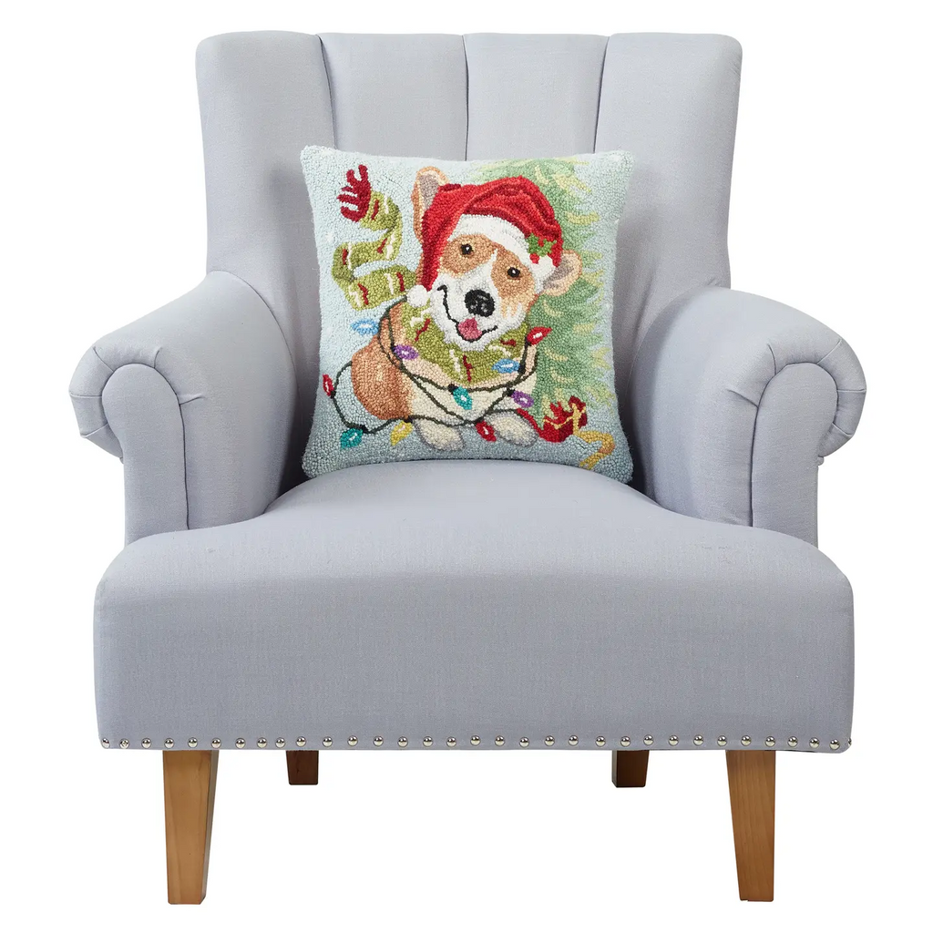 Christmas Corgi Hooked Wool Pillow