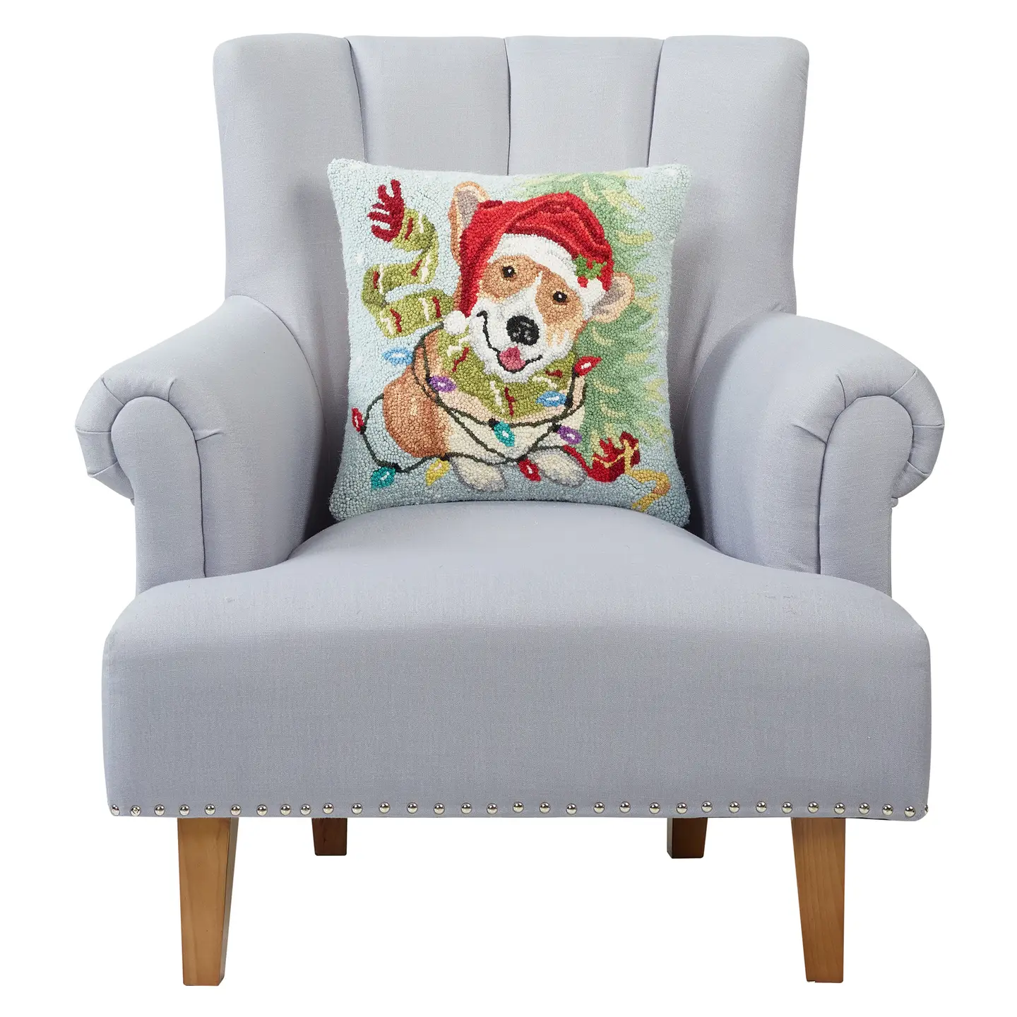 Christmas Corgi Hooked Wool Pillow