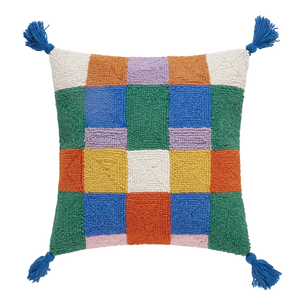 Colorful Check Hooked Wool Pillow with Tassels