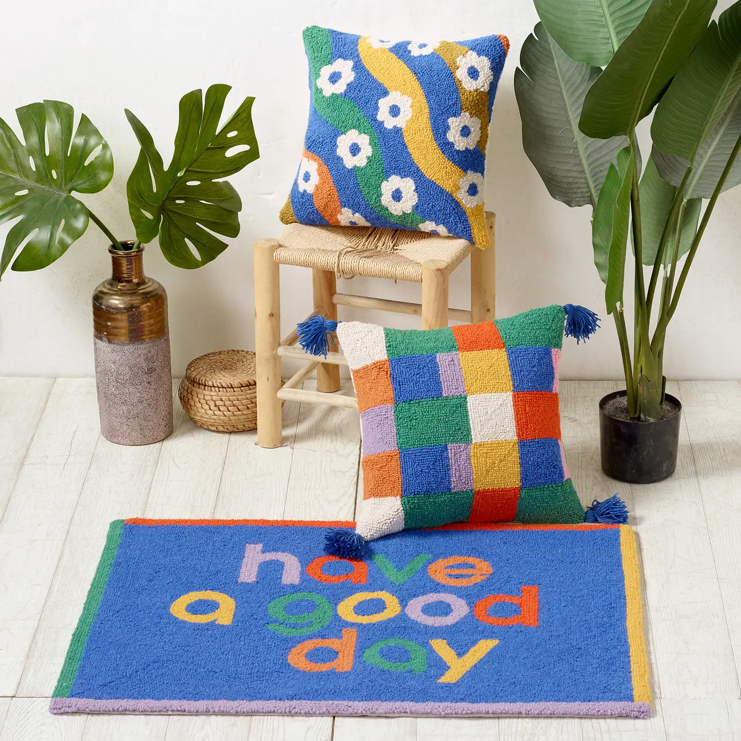 Colorful Check Hooked Wool Pillow with Tassels