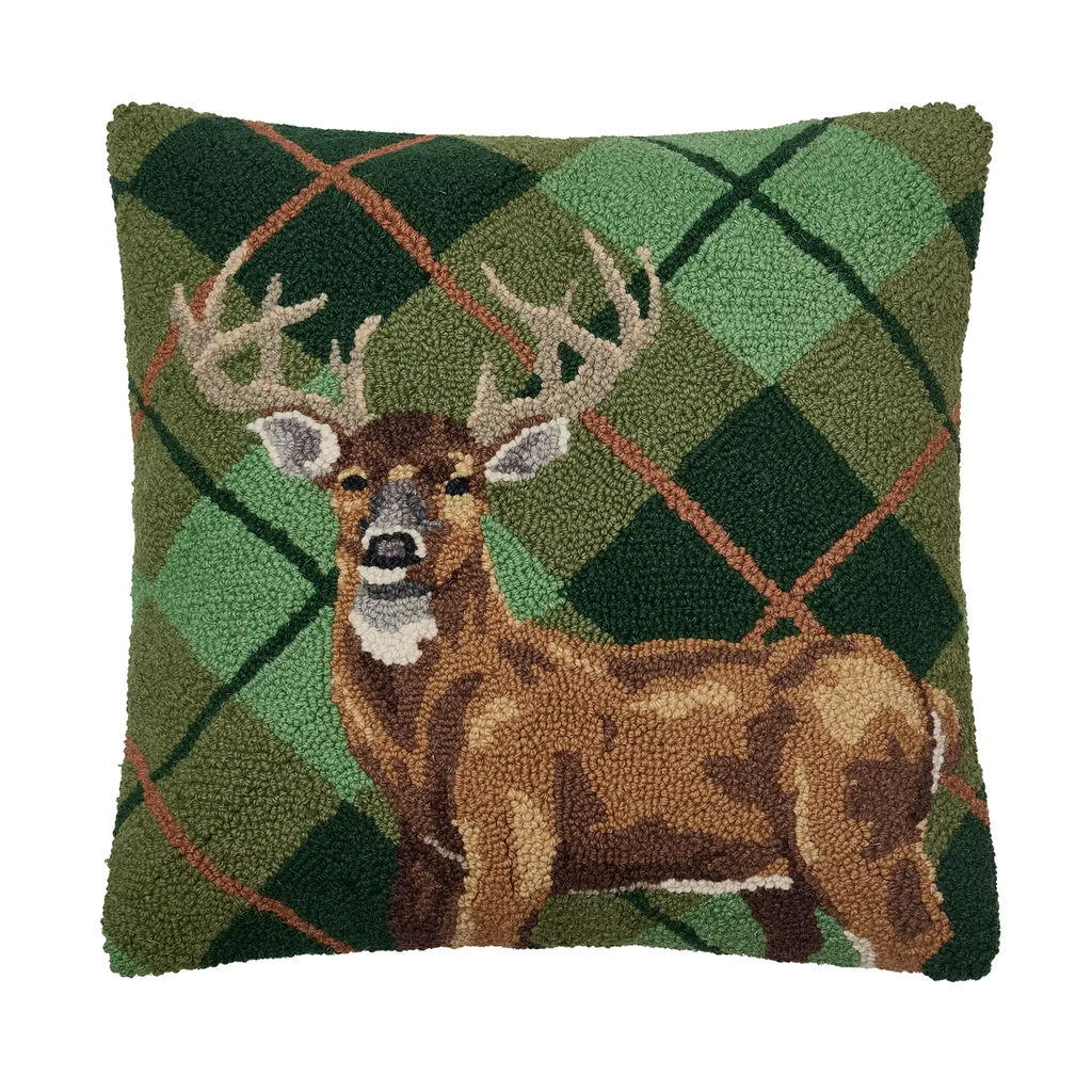 Deer Plaid Hooked Wool Pillow