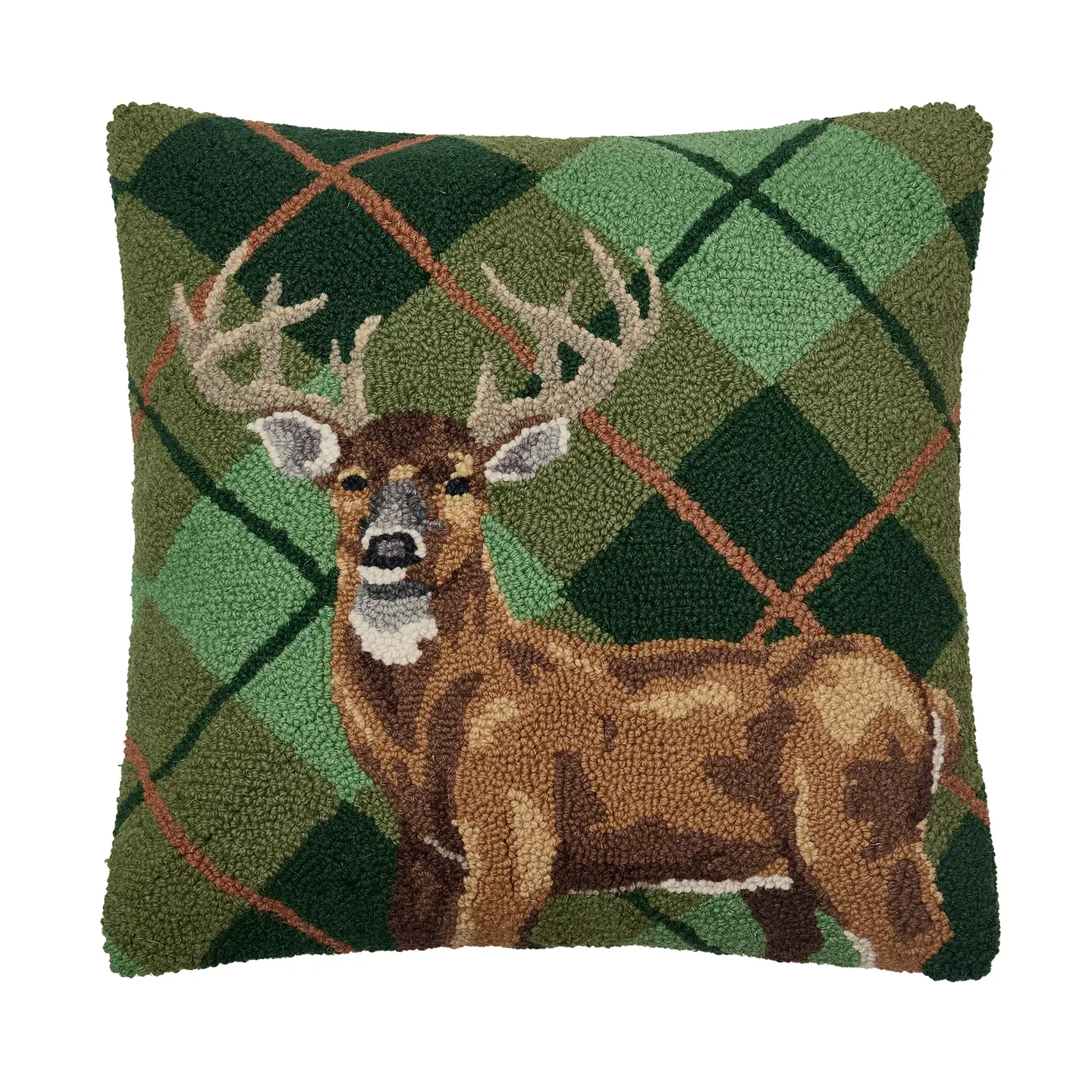 Deer Plaid Hooked Wool Pillow