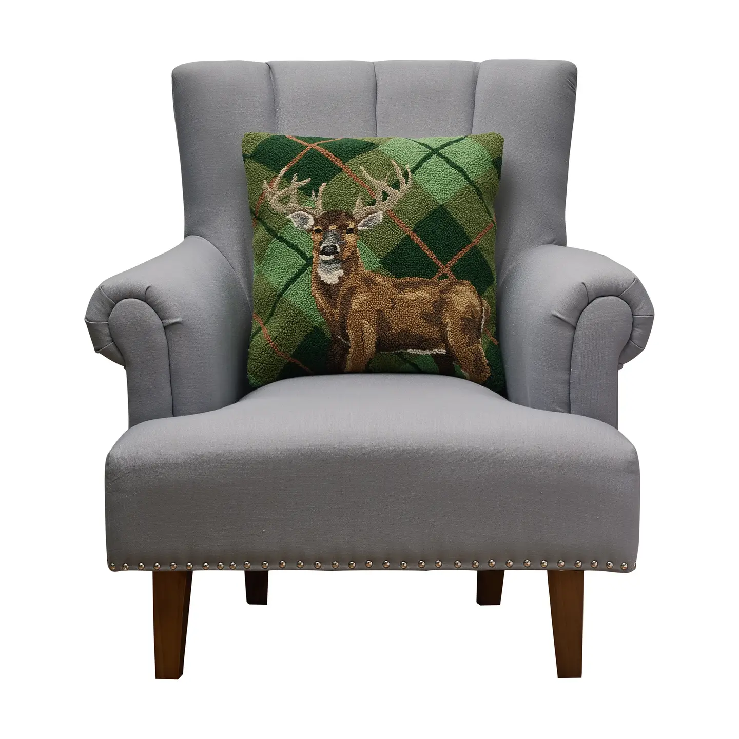 Deer Plaid Hooked Wool Pillow