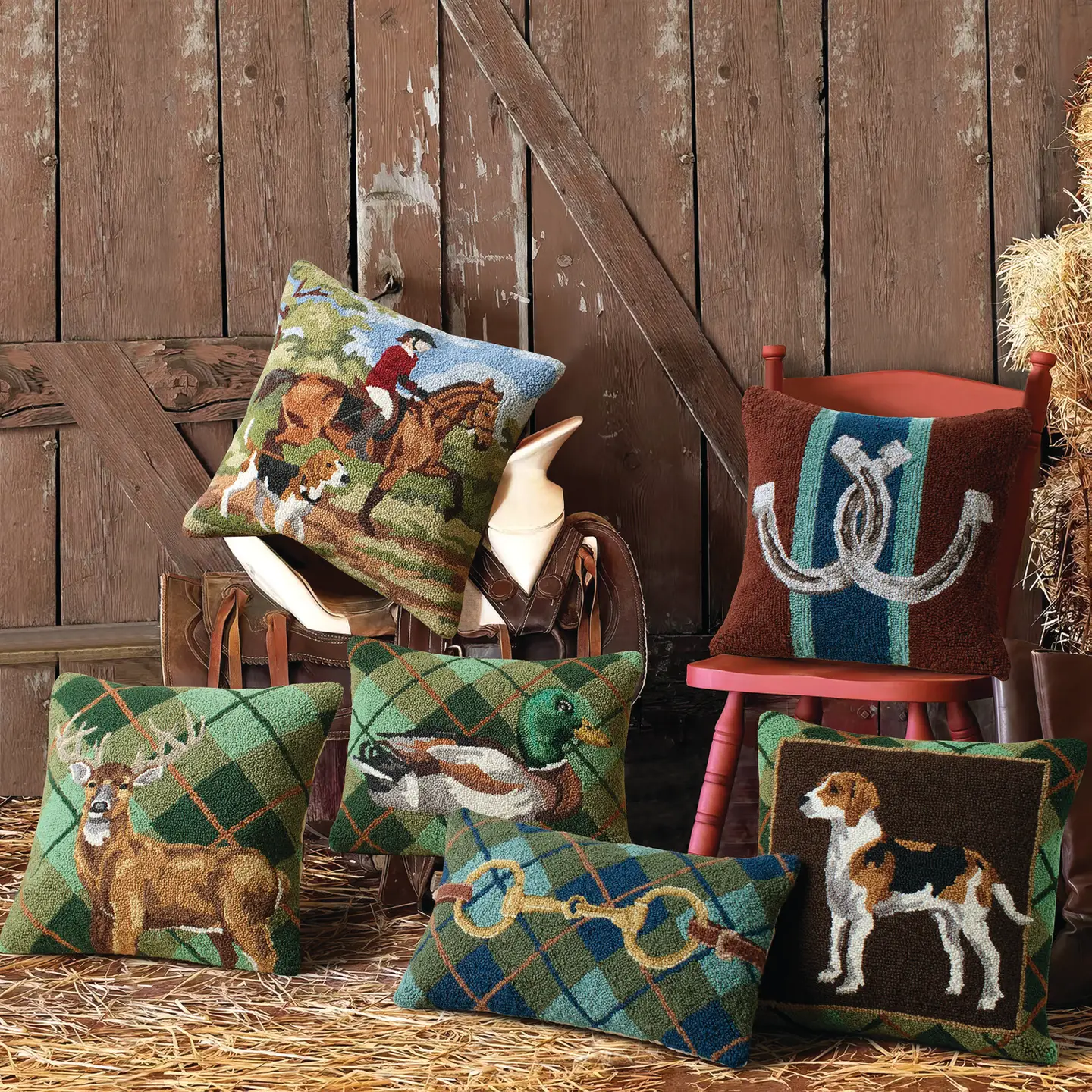 Deer Plaid Hooked Wool Pillow