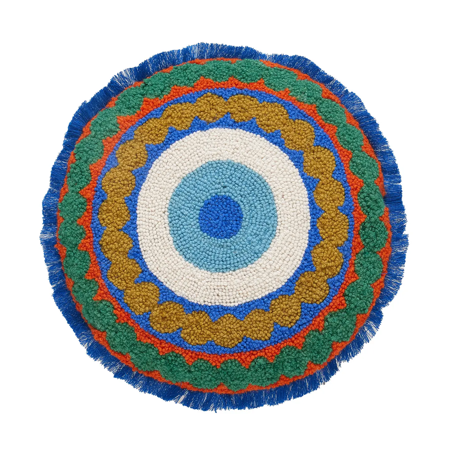 Round Eye Hooked Wool Pillow with Fringe