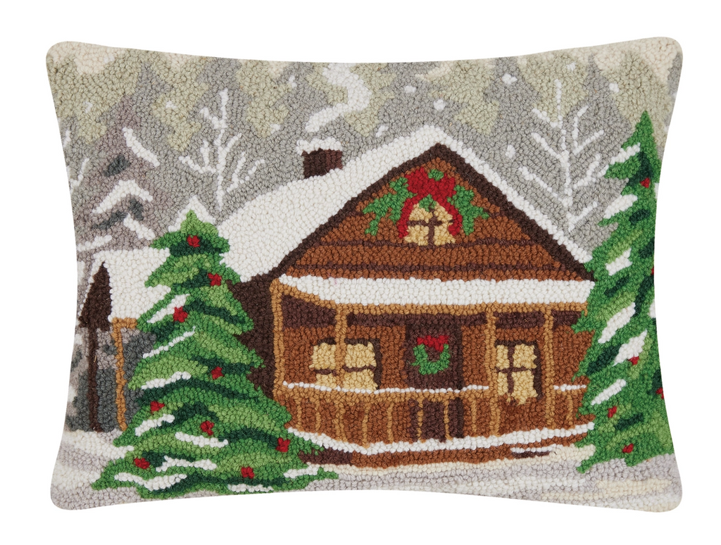 Holiday Woods Cabin Hooked Wool Pillow