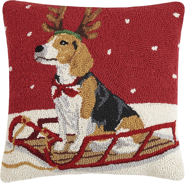 Peking Handicraft Beagle on Sleigh Hooked Wool Pillow