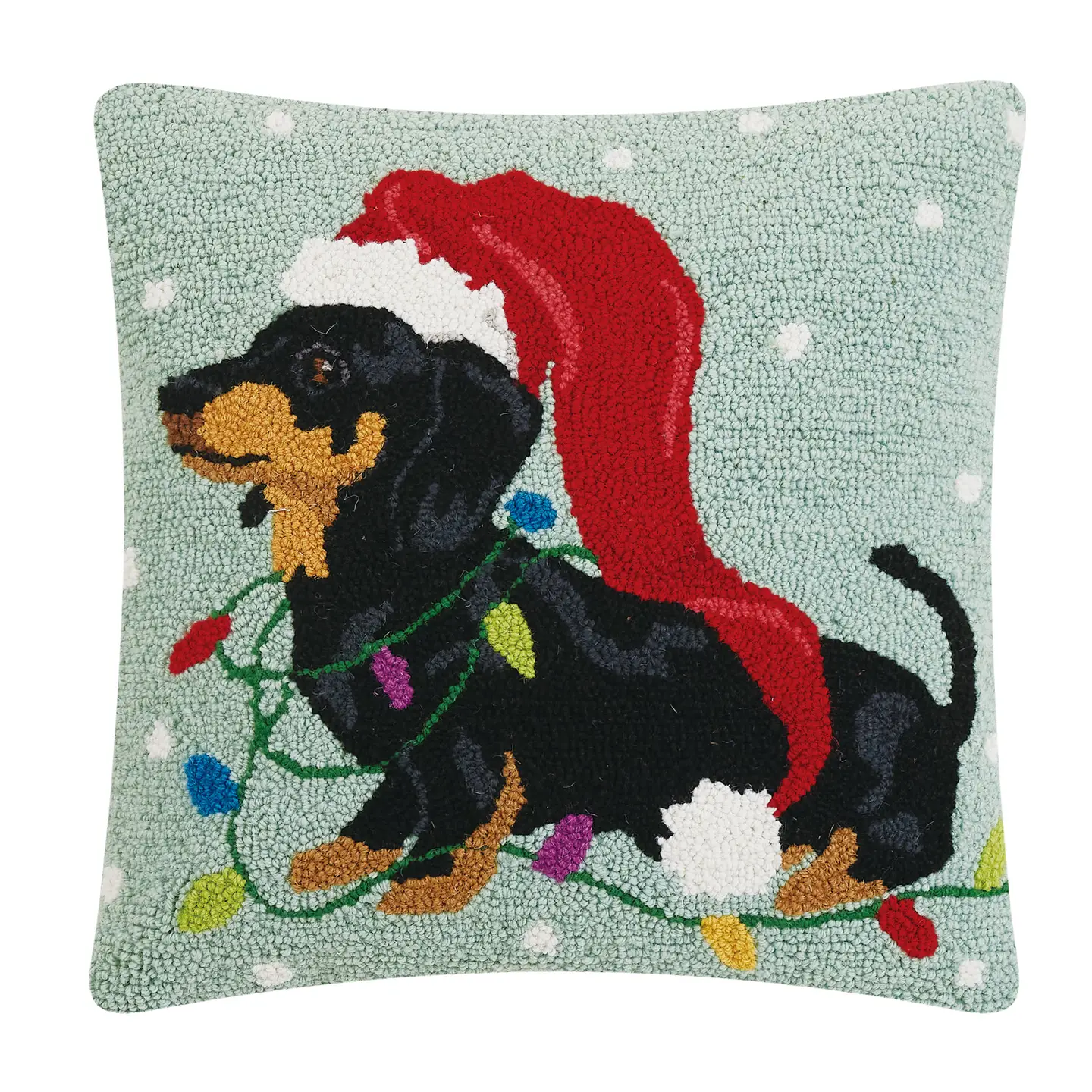 Christmas Dachshund with Long Hat Hooked Wool Pillow