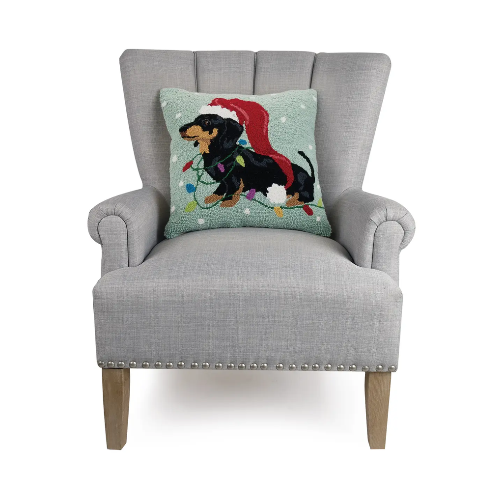 Christmas Dachshund with Long Hat Hooked Wool Pillow