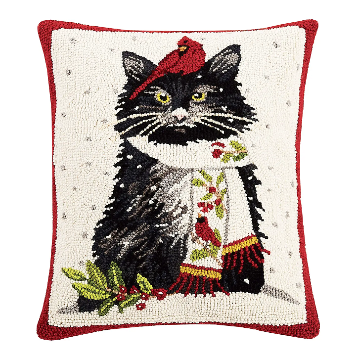 Peking Handicraft Holiday Cat with Cardinal Hooked Wool Pillow