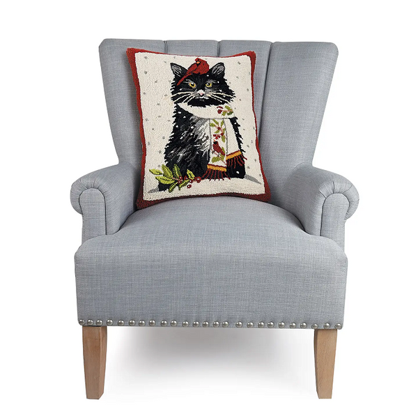 Peking Handicraft Holiday Cat with Cardinal Hooked Wool Pillow