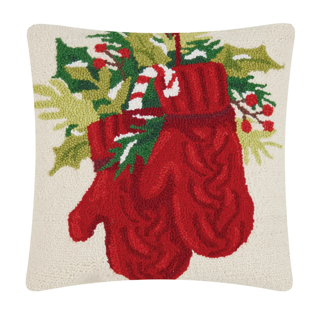 Holiday Mittens Hooked Wool Pillow