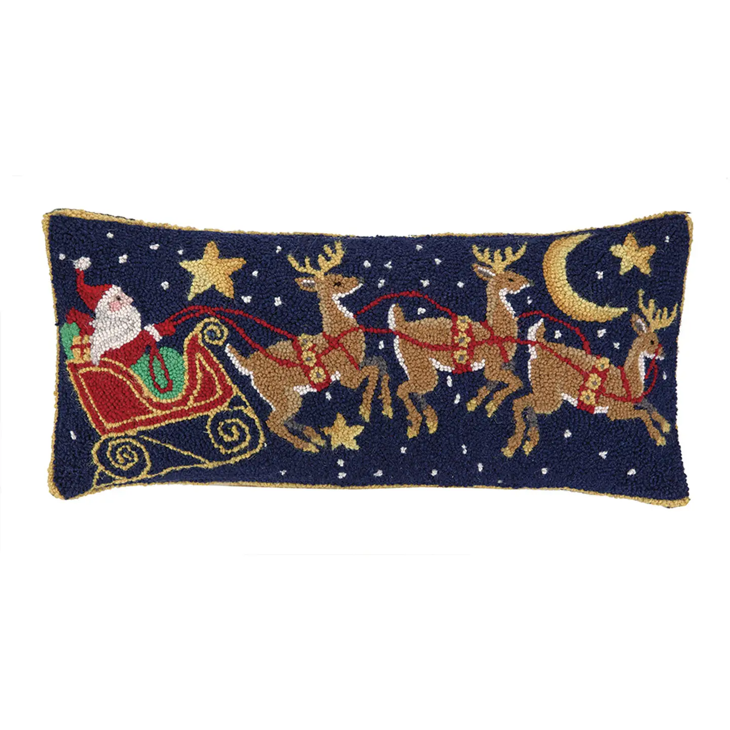 Santa & Three Reindeer Hooked Wool Pillow