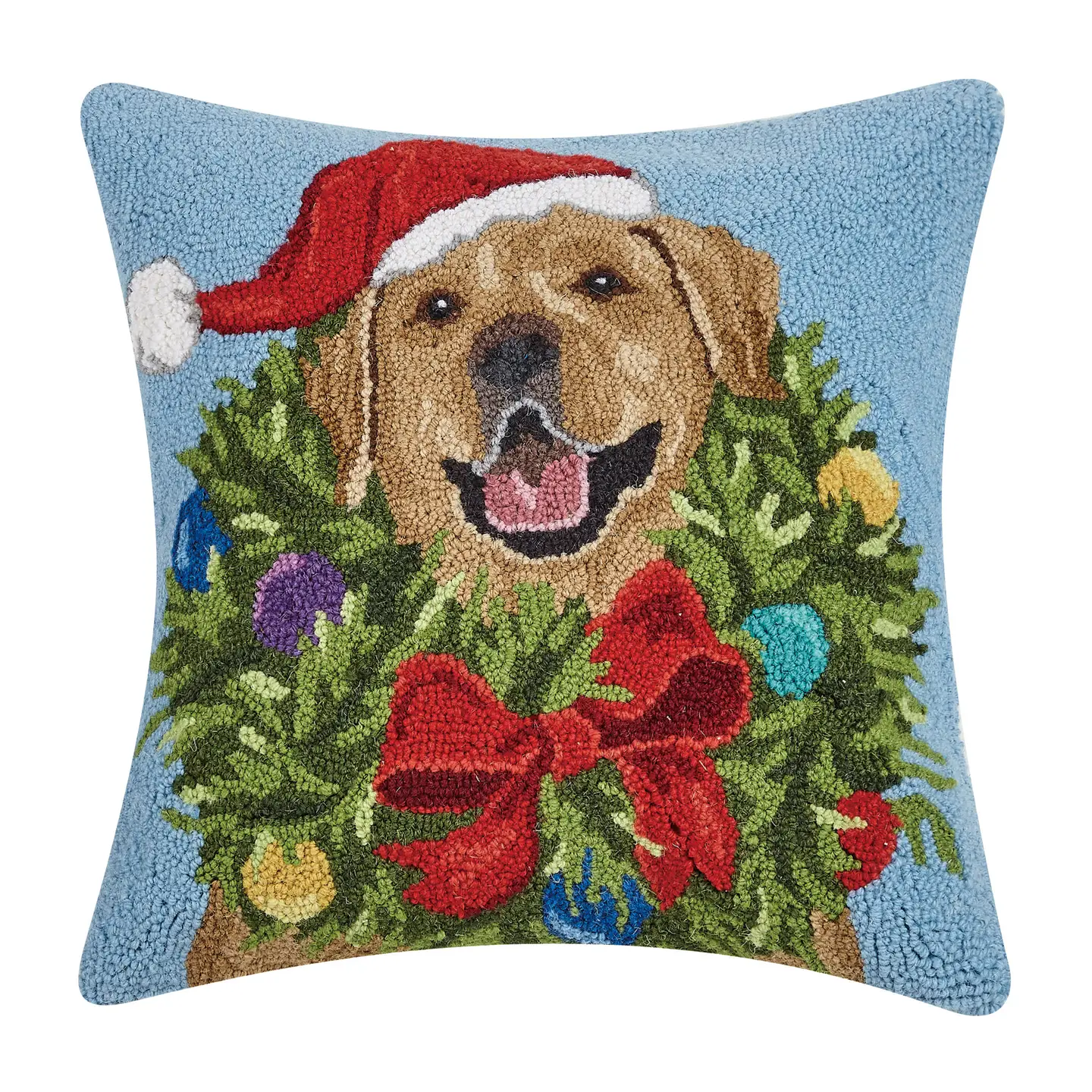 Santa Golden Lab with Wreath Hooked Wool Pillow