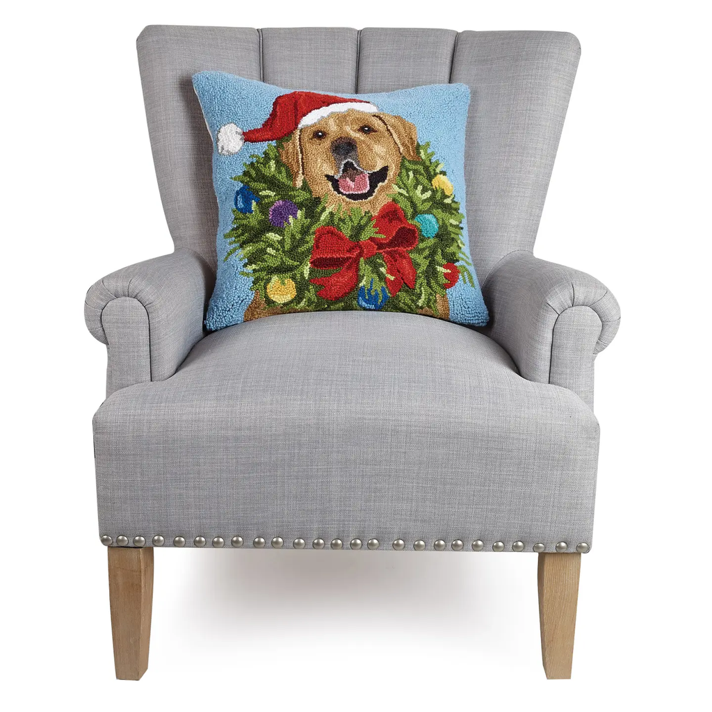 Santa Golden Lab with Wreath Hooked Wool Pillow