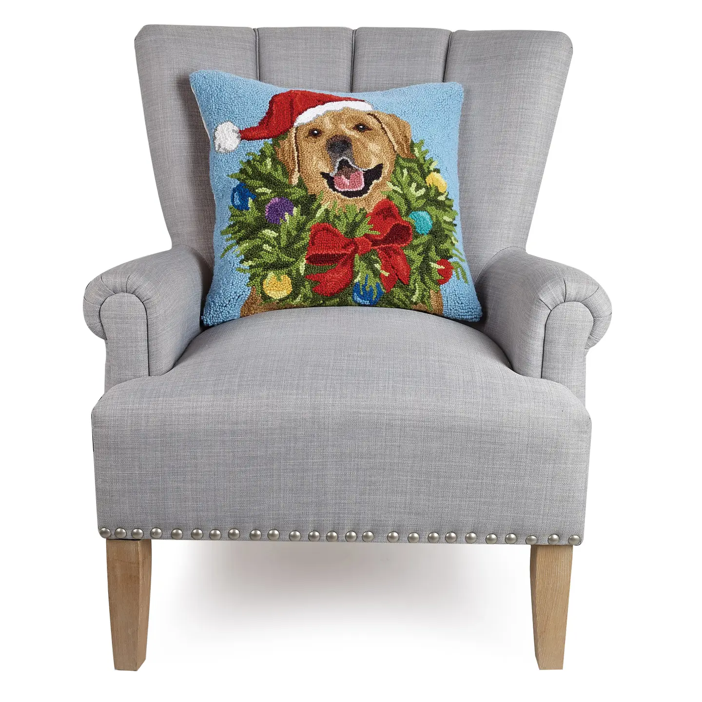 Santa Golden Lab with Wreath Hooked Wool Pillow