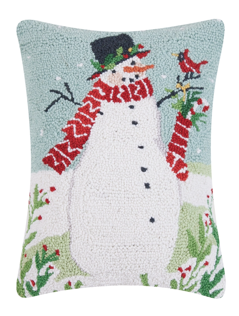Snowman with Stocking Hooked Wool Pillow