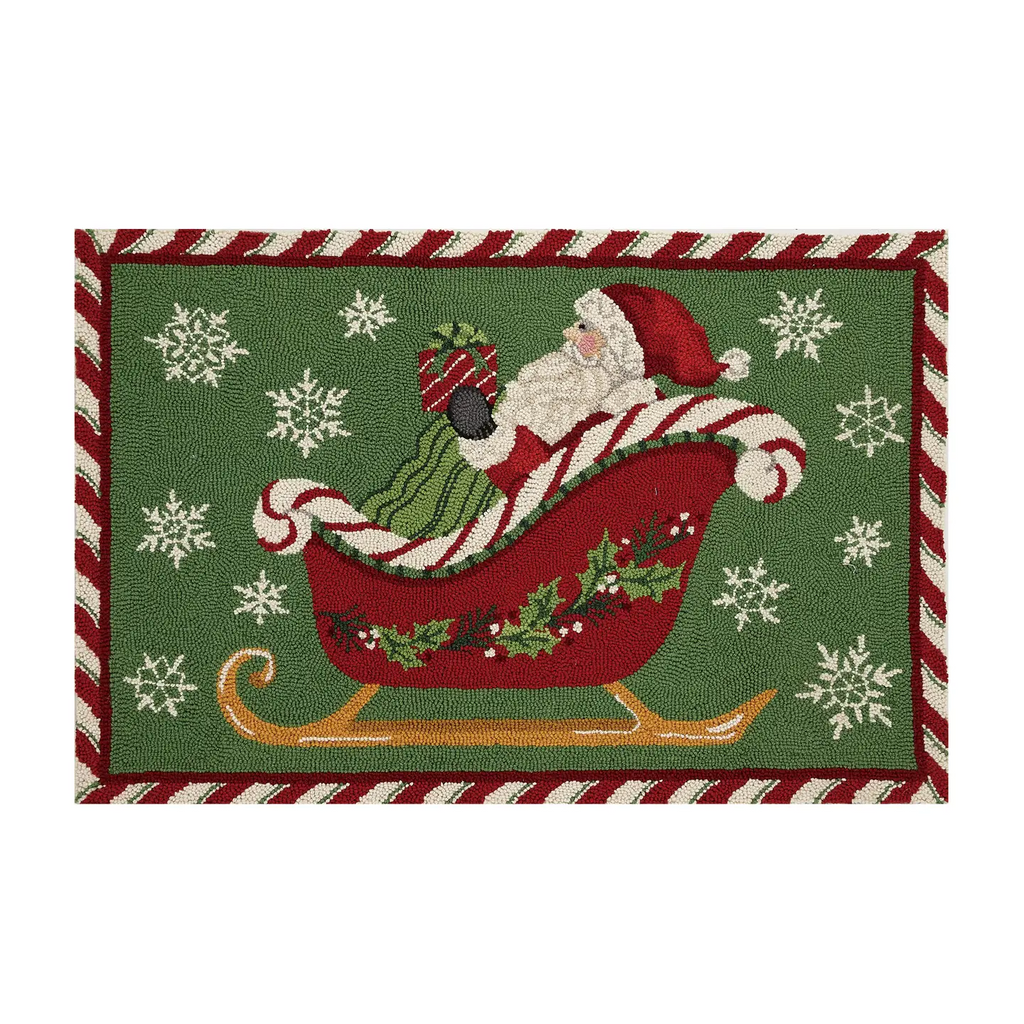 Santa Sleigh Hooked Wool Accent Rug