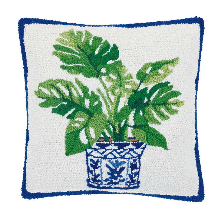 Peking Handicraft Blue Monstera Plant Hooked Wool Pillow