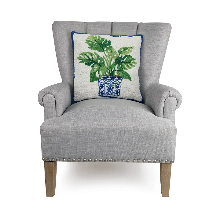 Peking Handicraft Blue Monstera Plant Hooked Wool Pillow
