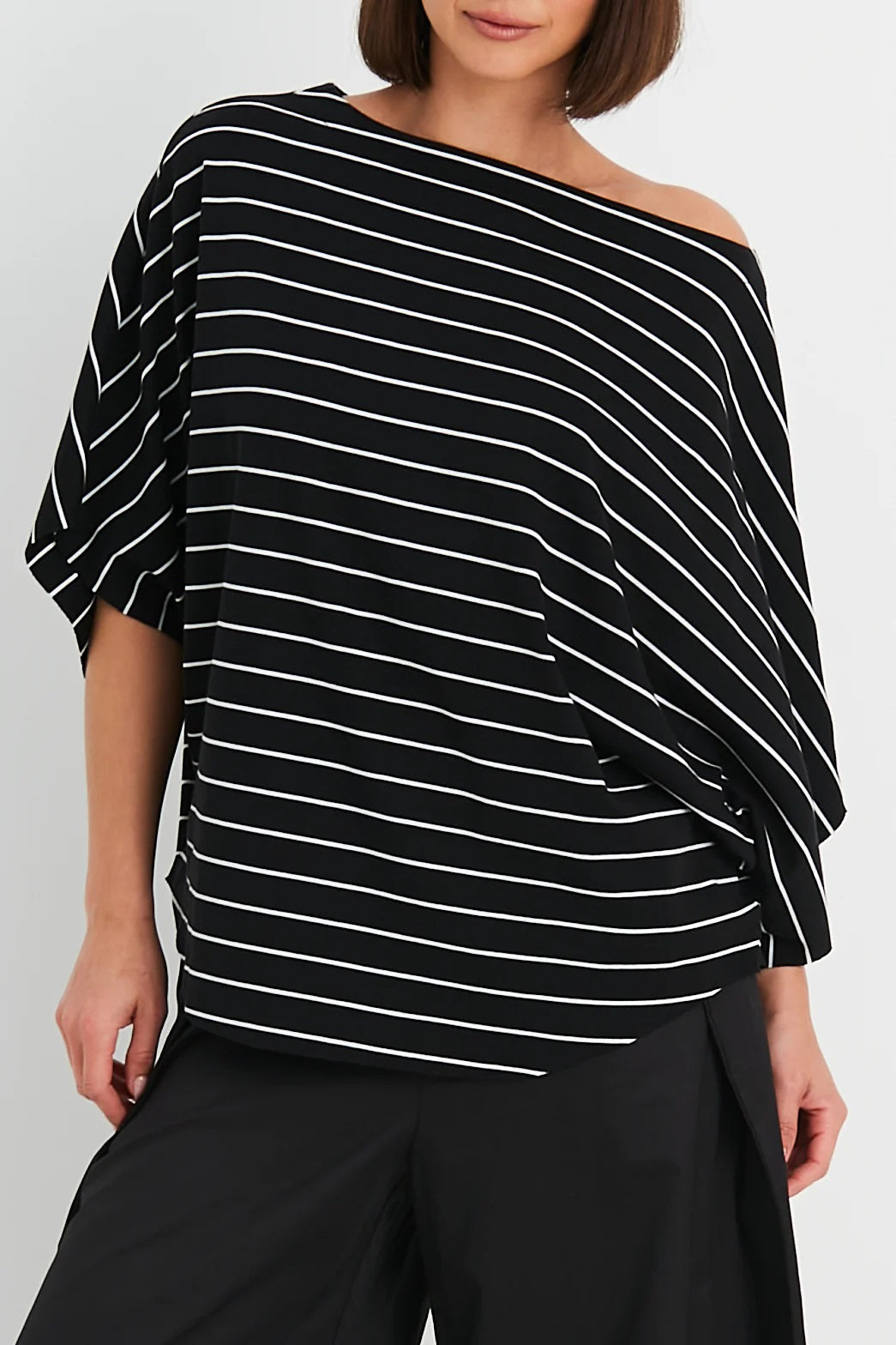 Pima Cotton Striped Bateau Tee in Black and White