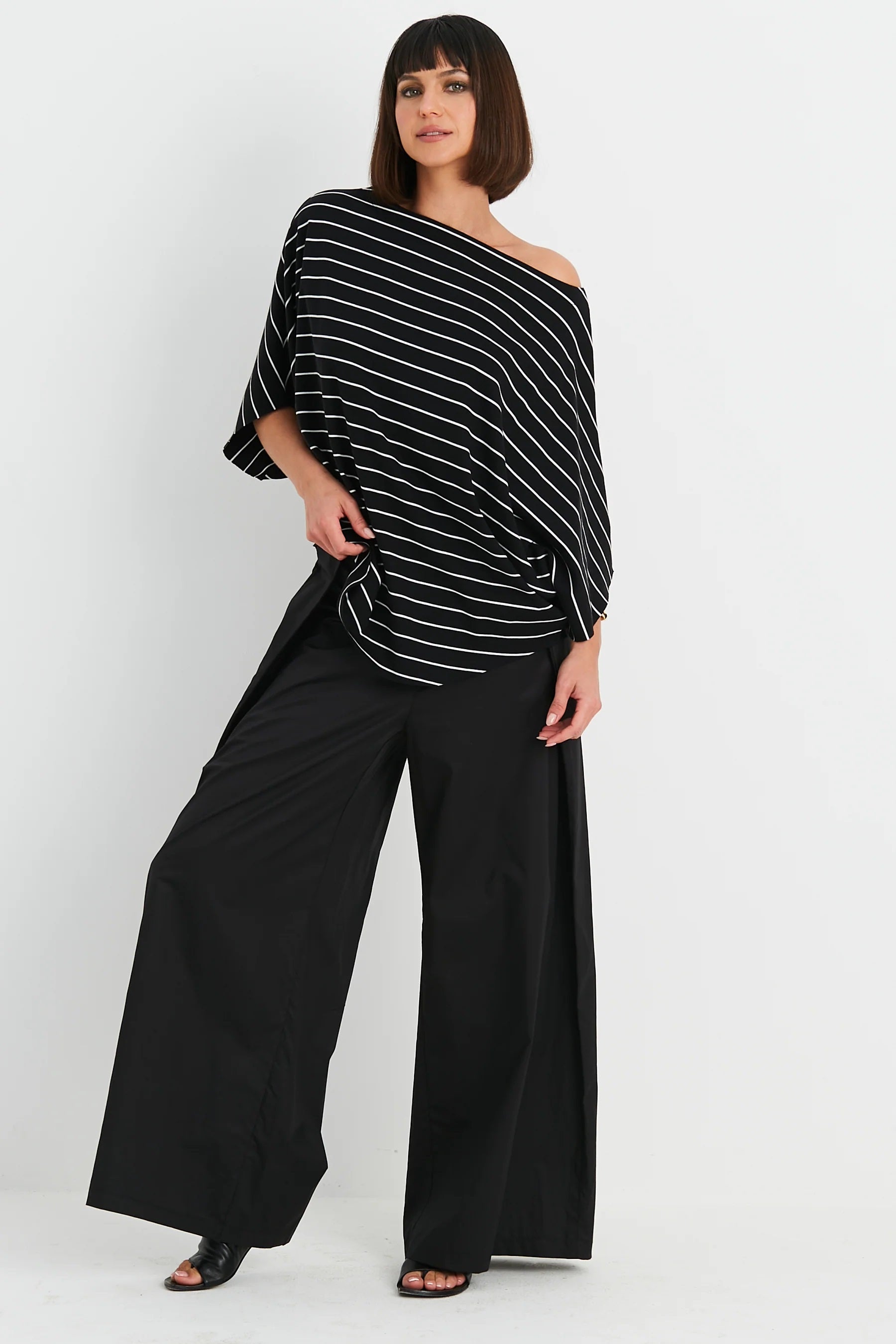Pima Cotton Striped Bateau Tee in Black and White