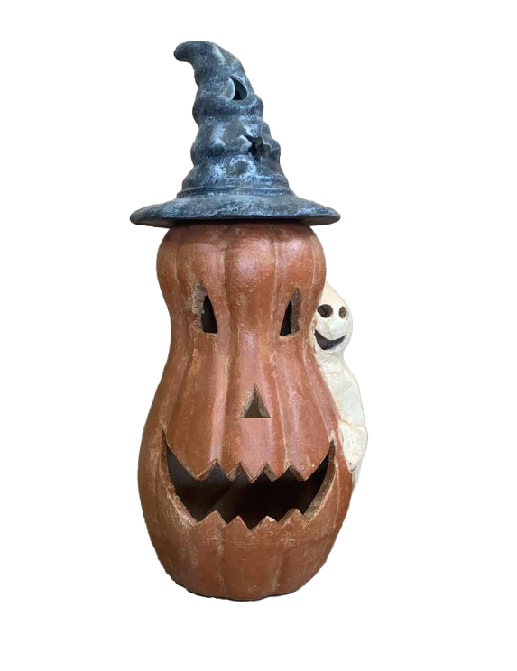 Pottery Patch Pumpkin Lantern with Witch Hat & Ghost