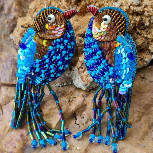 PSQUUARE Hand Beaded Blue Bird Earrings